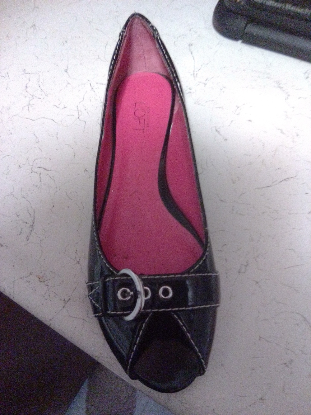 LOFT Black Patent Peep-Toe Ballet Flat with Pink Insole